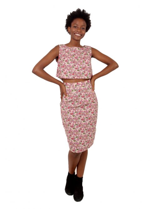 Pink Floral Pencil Skirt Two Piece Summer Garden UK 6 8