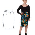 Pam is stood with their back to the camera showing the back of our pencil skirt design. Pam is wearing a black top and a gorgeous red