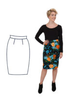 Pam is stood with their back to the camera showing the back of our pencil skirt design. Pam is wearing a black top and a gorgeous red