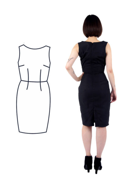 Our model Mushu wears a black pencil dress. This image shows the back of the dress and Mushu has her hand on her hip.