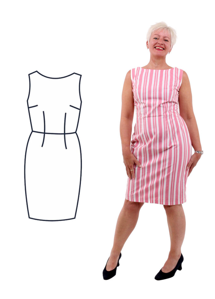 Pam wears a pink and white stripey dress. Pam is looking at the camera smiling.