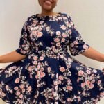 Navy Floral Skater Dress- ref 3 - Resale item - Approx 14-16