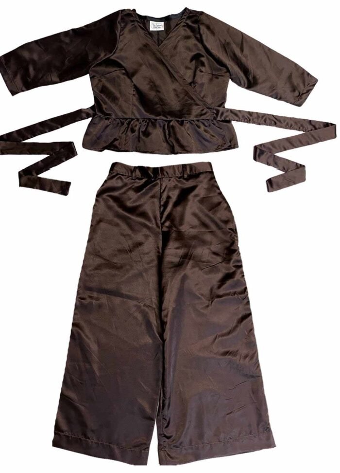Brown satin wrapover wide leg trouser two piece - ref 220/221 - Resale item - Approx UK 12-14 - Image 1