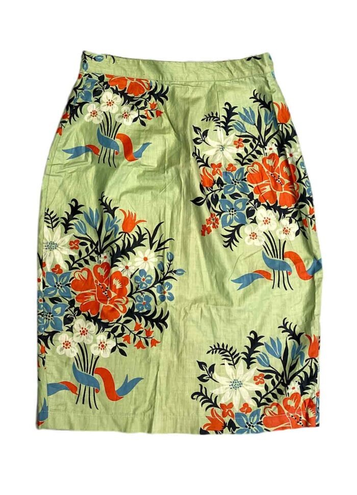 Green floral patterned cotton pencil skirt – ref 226 – Resale item – Approx UK 10-12 - Image 1