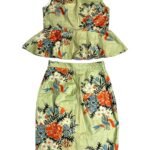 Green floral patterned cotton pencil skirt two piece - Ref 226/227 - Resale item - UK 10-12