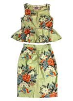 Green floral patterned cotton pencil skirt two piece - Ref 226/227 - Resale item - UK 10-12